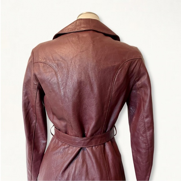 Vintage 1970s Cherry Cola Burgundy Leather Jacket Belted Leather Wrap Coat - Picture 7 of 13